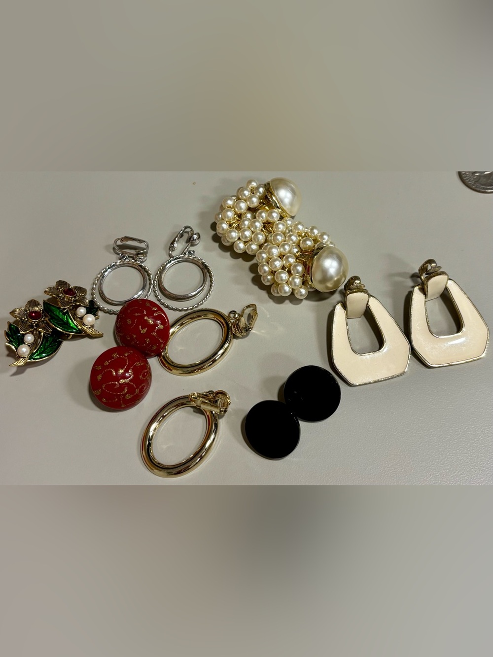 Vintage Clip On Earring Lot 7 Pairs Pearl Gold Silver Enamel Geometric Retro 80s